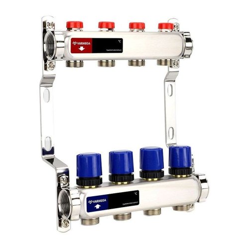 Группа коллекторная для отопления VARMEGA VM15504 ВР 1, на 4 контура 3/4 EK, нерж. сталь